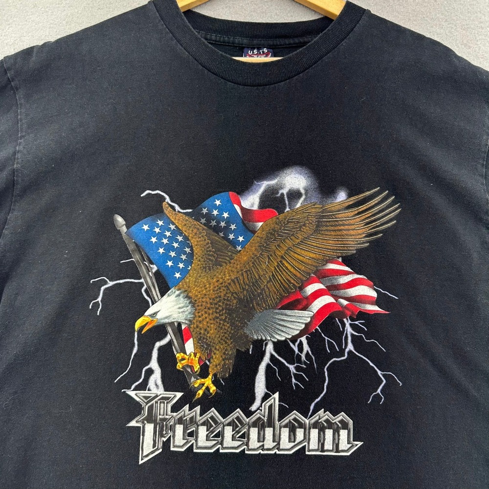 90s Freedom Eagle Lightening T-Shirt Patriotic Made In USA Flag Black Large VTG